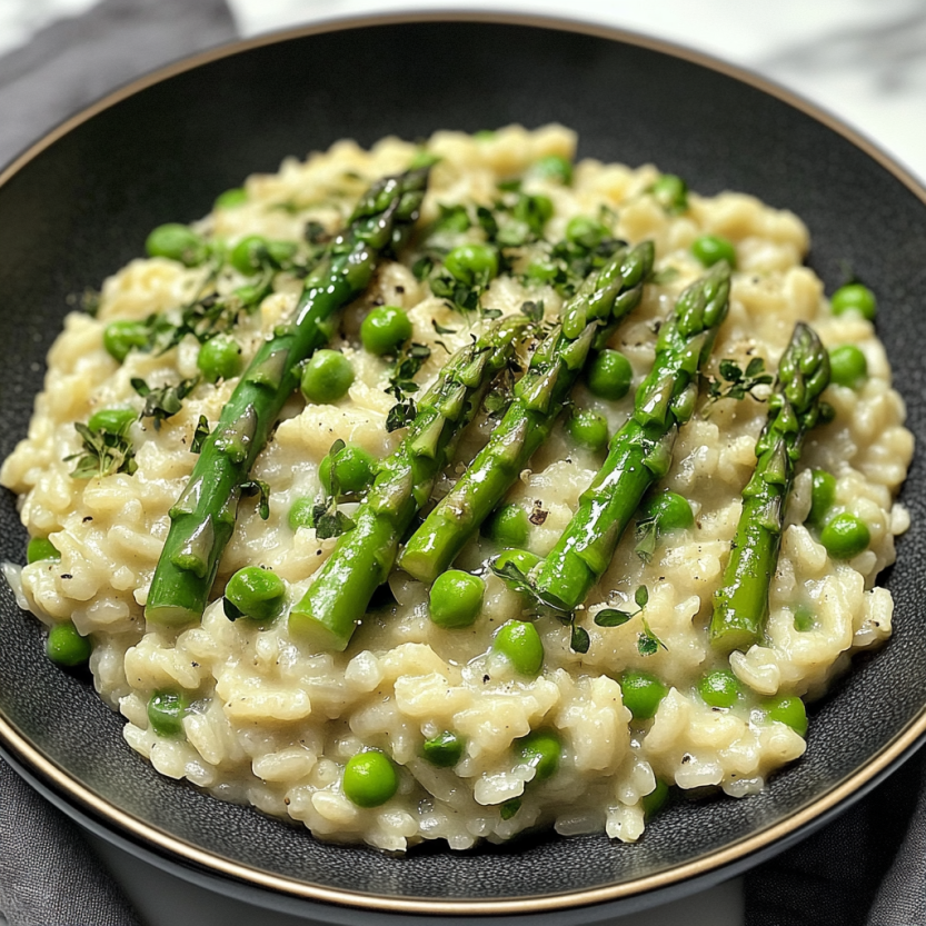 Une assiette de risotto avec des asperges et des pois.