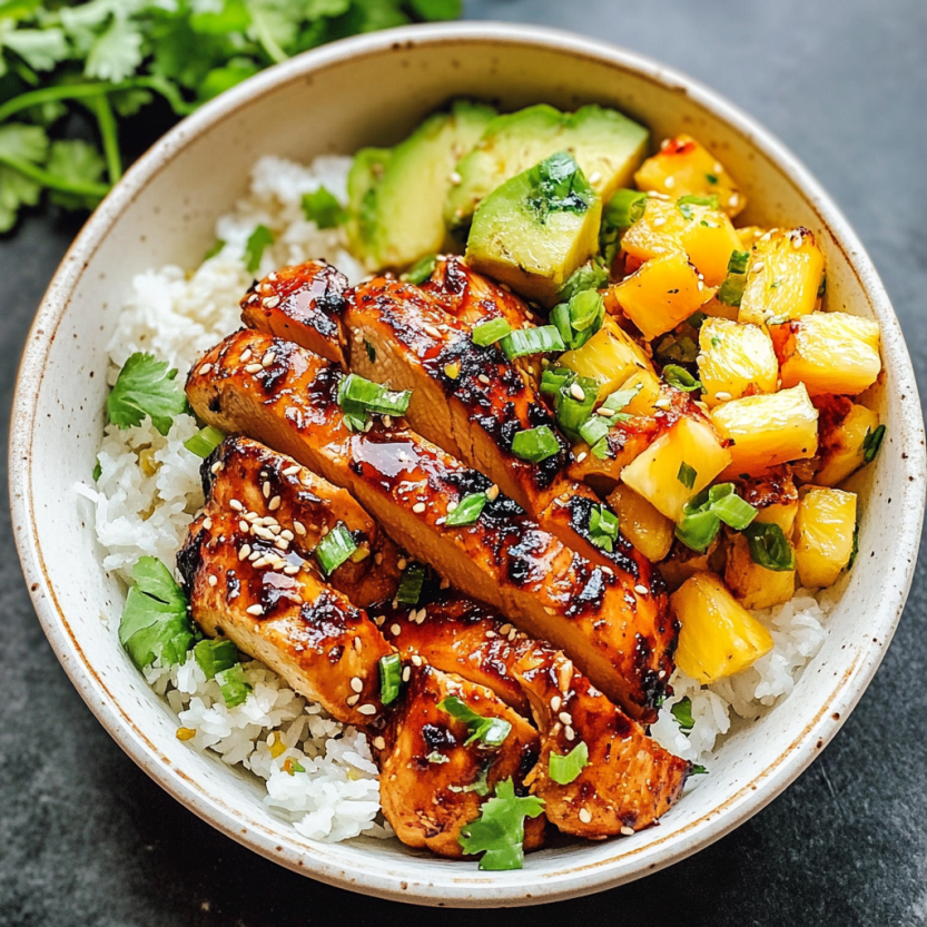 A bowl of food with pineapple chicken.