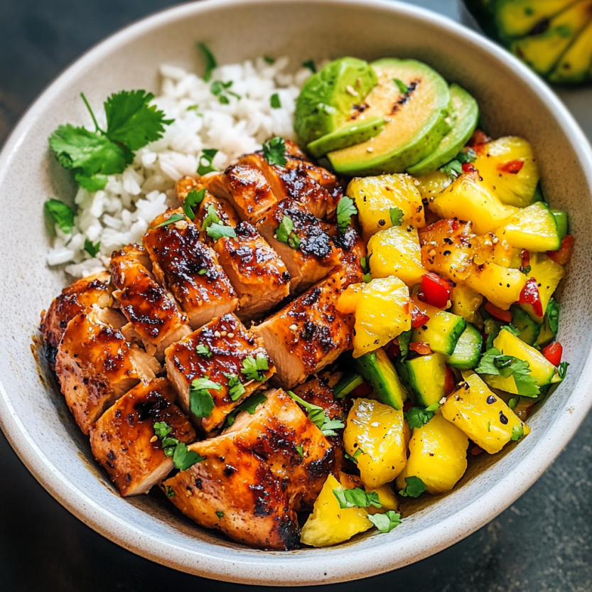A bowl of food with chicken, avocado, and pineapple.