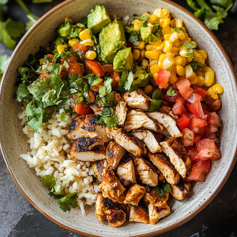 A bowl of food with chicken, rice, tomatoes, avocado, and corn.