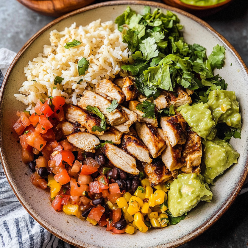 A plate of food with rice, chicken, tomatoes, and lettuce.
