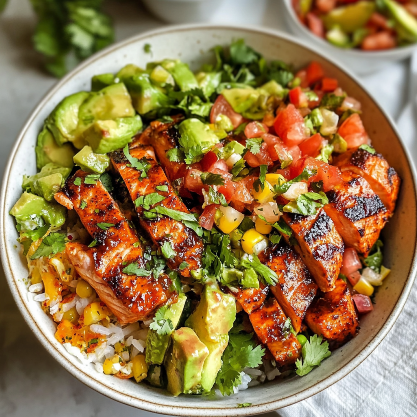 A bowl of salmon burrito with rice, tomatoes, and avocado.