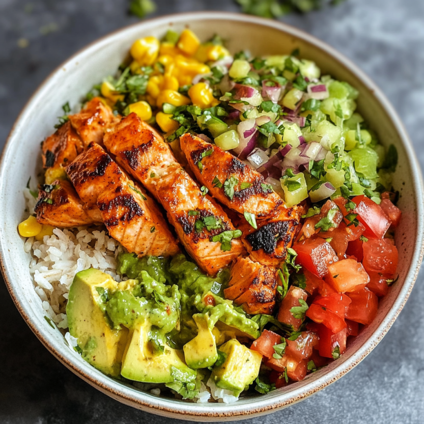 A bowl of food with salmon, rice, tomatoes, and avocado.