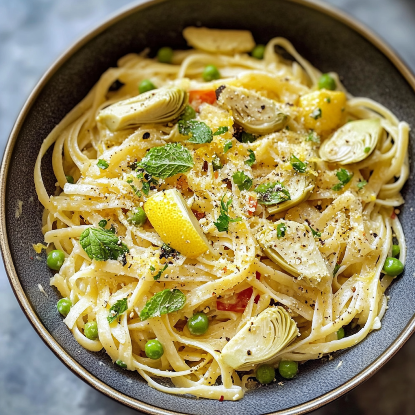 A bowl of pasta with peas, artichokes, lemon and mint.