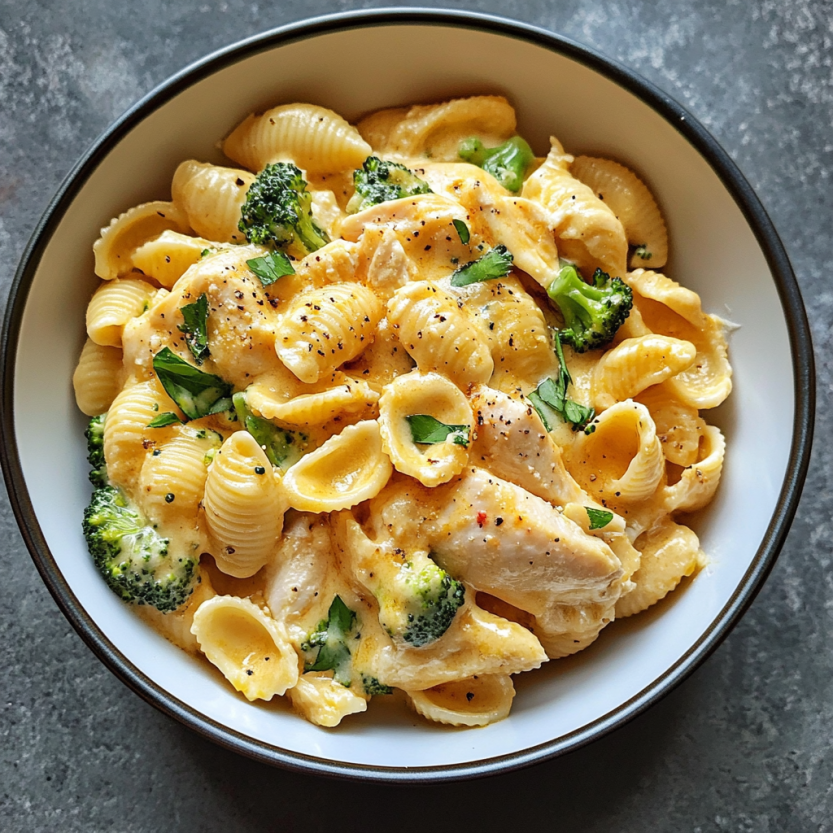 A bowl of chicken and broccoli shells and cheese.