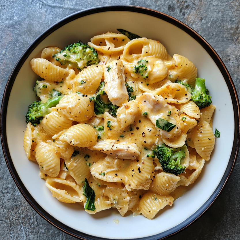 A bowl of chicken and broccoli shells and cheese.