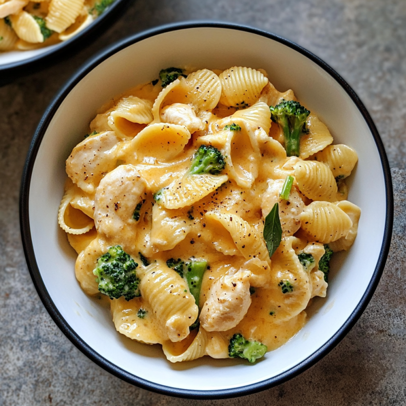 A bowl of chicken and broccoli shells and cheese.