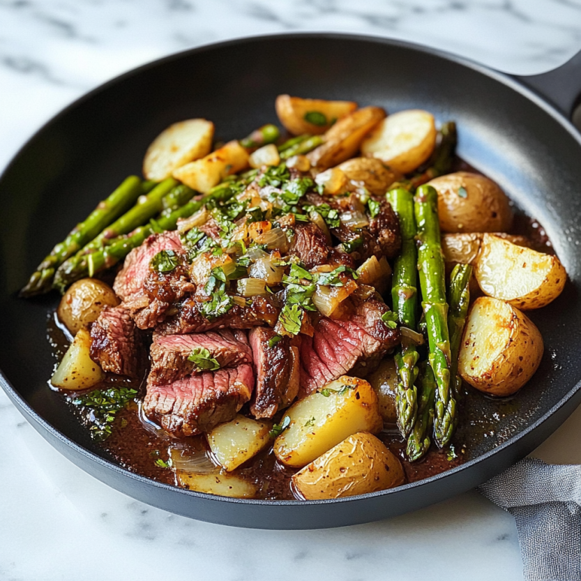 A skillet steak with asparagus and potatoes.