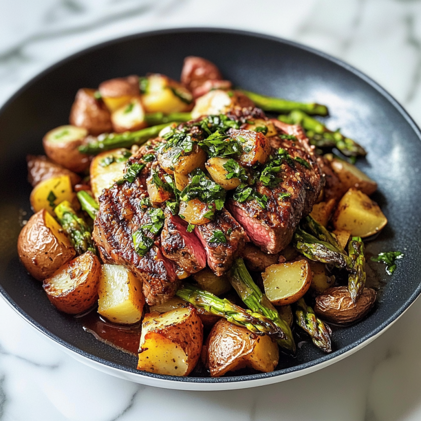 A skillet steak with asparagus and potatoes.