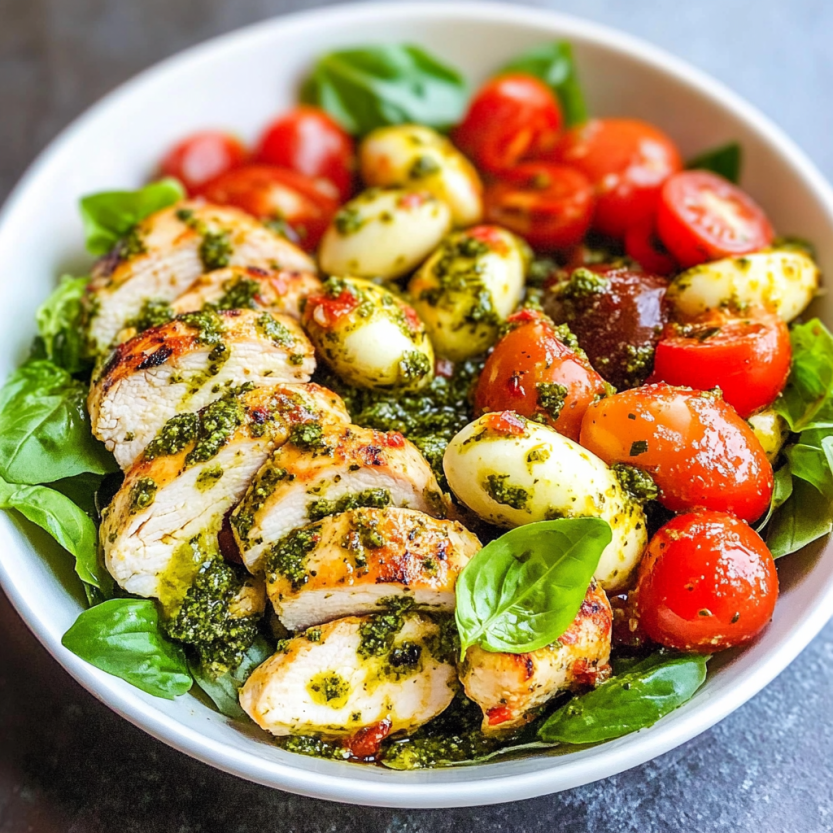 A bowl of pesto chicken caprese salad.