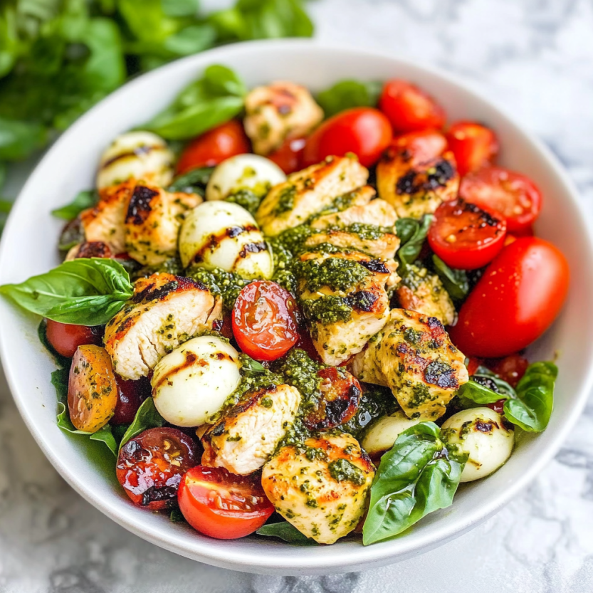 A bowl of pesto chicken caprese salad.
