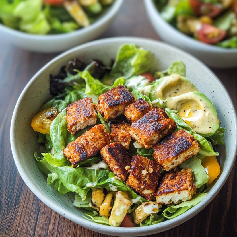 A bowl of vegan caesar salad.