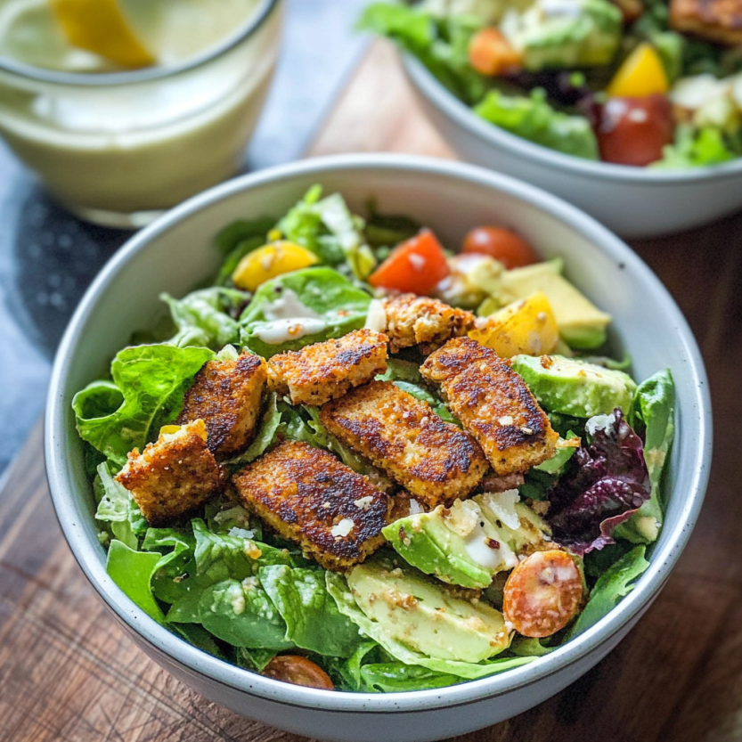A bowl of vegan caesar salad.
