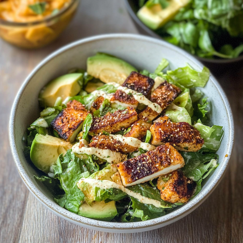 A bowl of vegan caesar salad.