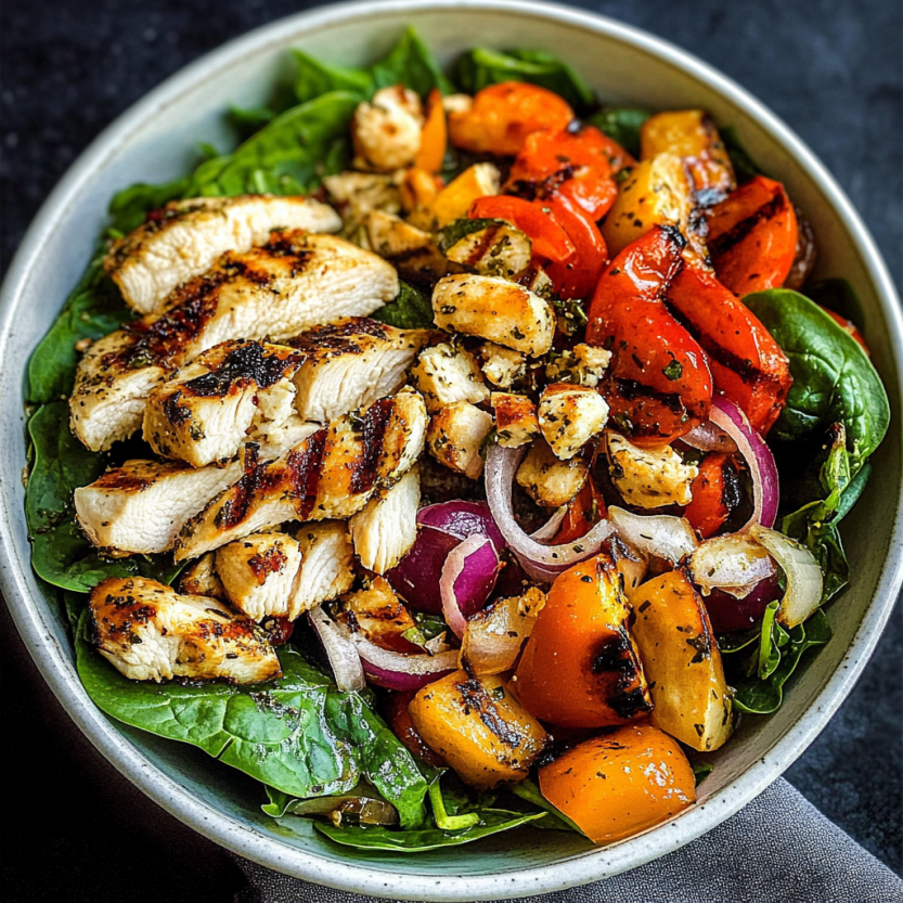 A bowl of chicken, spinach, and grilled vegetables.