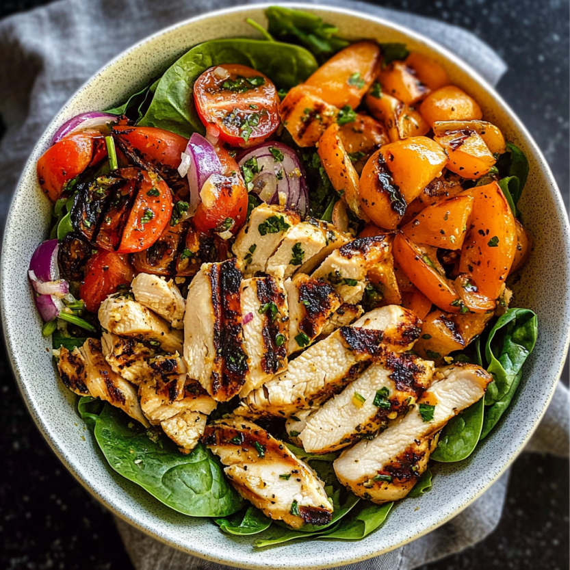 A bowl of salad with grilled chicken, tomatoes, onions, and spinach.