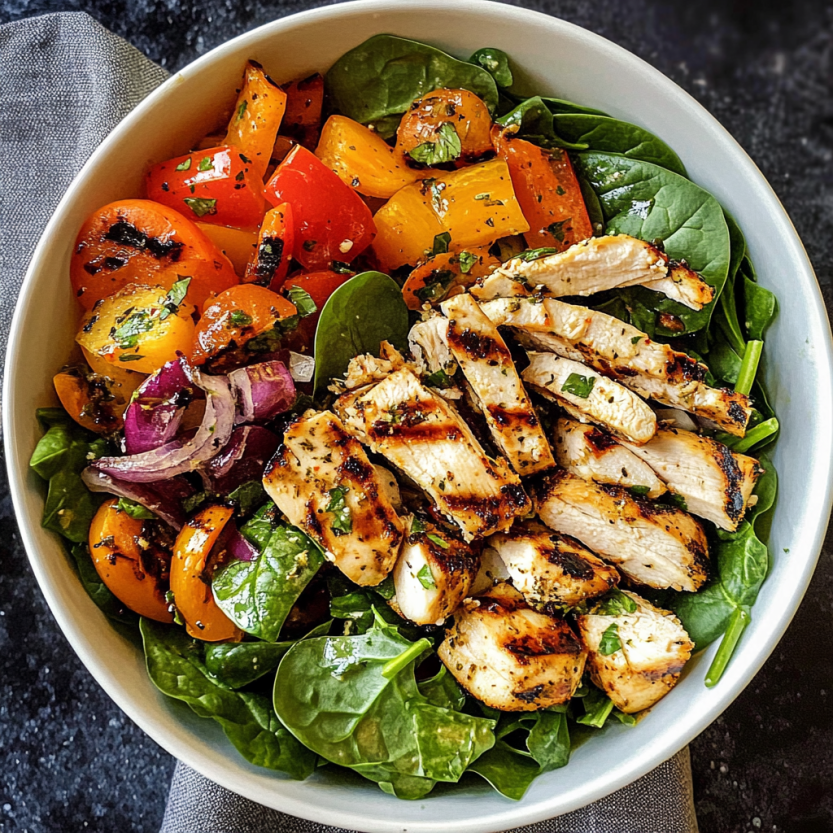 A bowl of salad with grilled veggies and chicken.