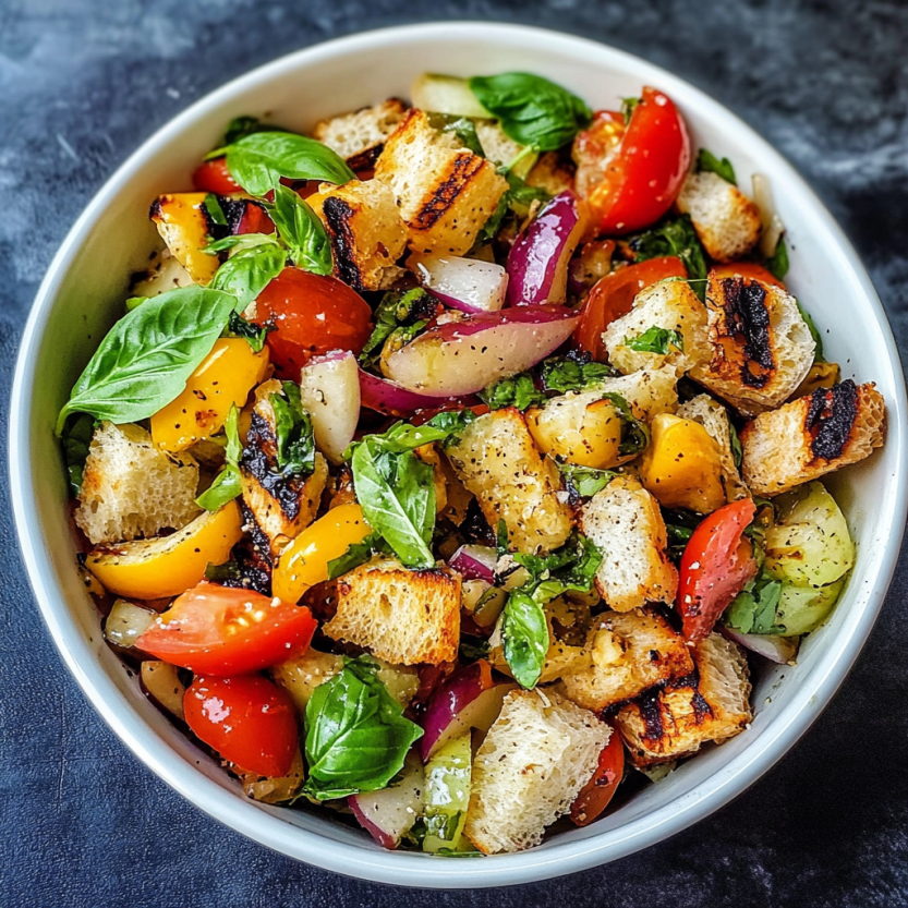 A bowl of grilled panzanella salad.