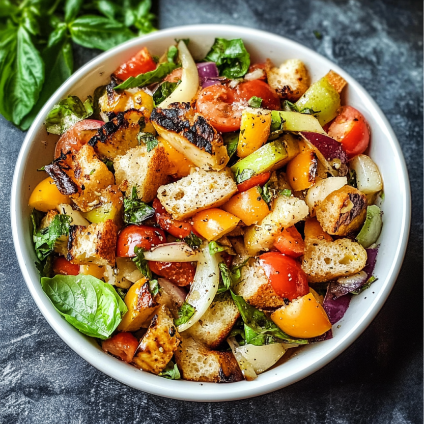 A bowl of grilled panzanella salad.