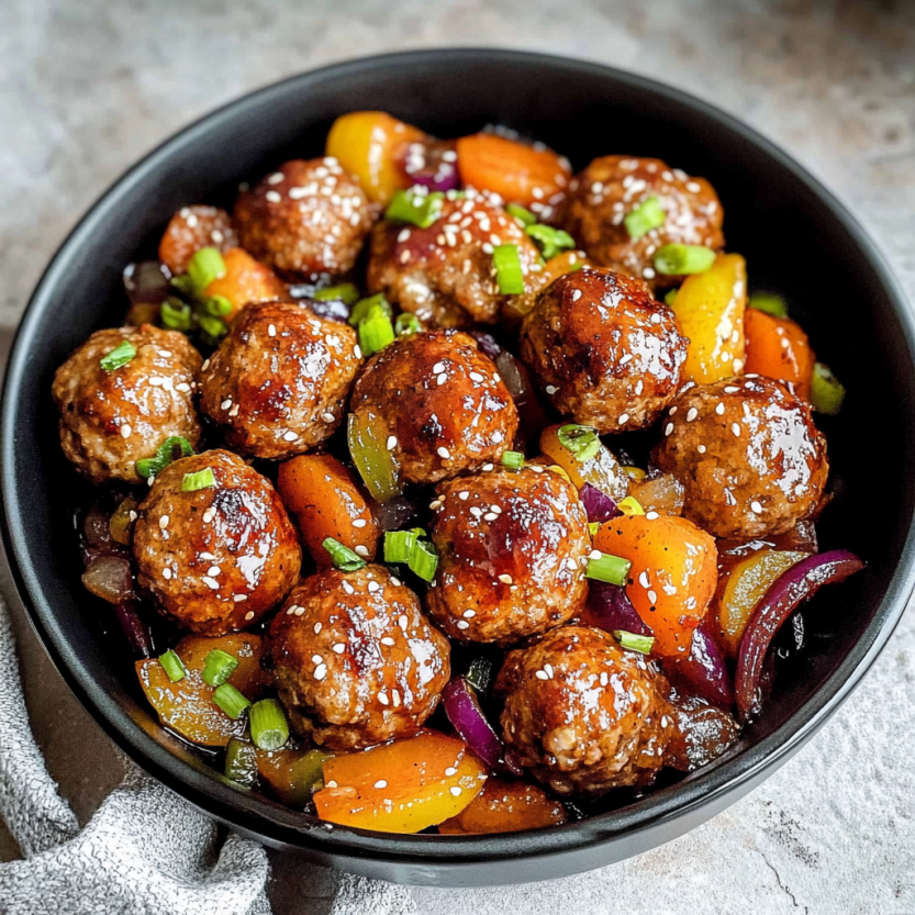 A bowl of meatballs with a sweet and sour sauce.