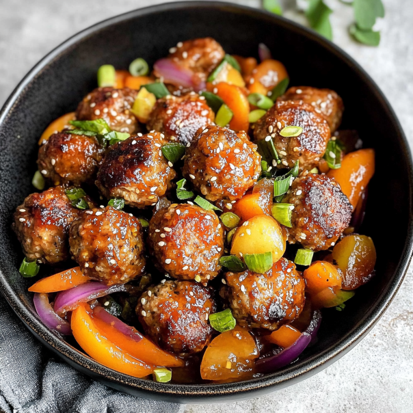 A bowl of meatballs with a sweet and sour sauce.