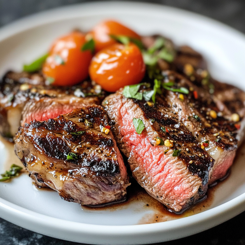 A plate of ribeye steak with tomatoes and herbs.