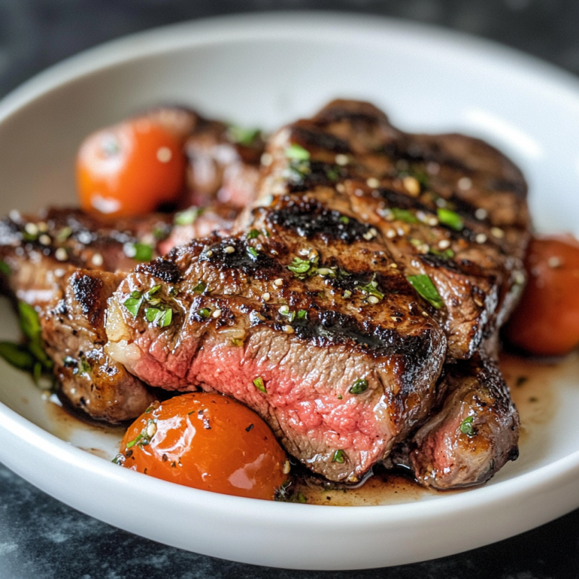A white bowl filled with ribeye steak and tomatoes.