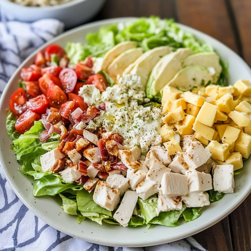 A salad with chicken, bacon, tomatoes, avocado, and cheese.