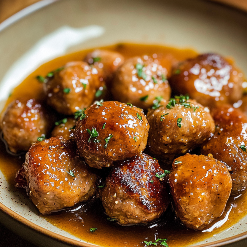 A plate full of pork balls sprinkled with brown sugar.