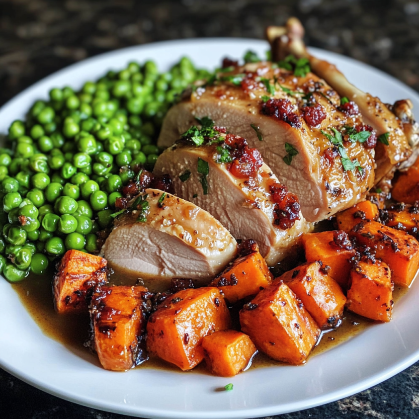 A plate with golden roasted chicken, roasted carrots, and green peas.