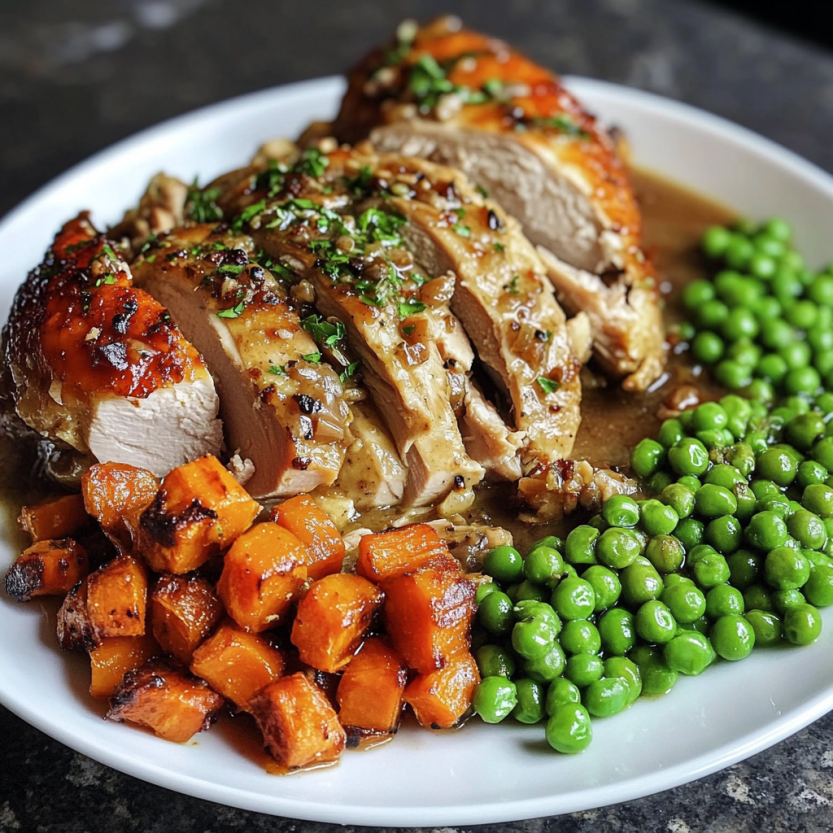 A plate with golden roasted chicken, roasted carrots, and green peas.