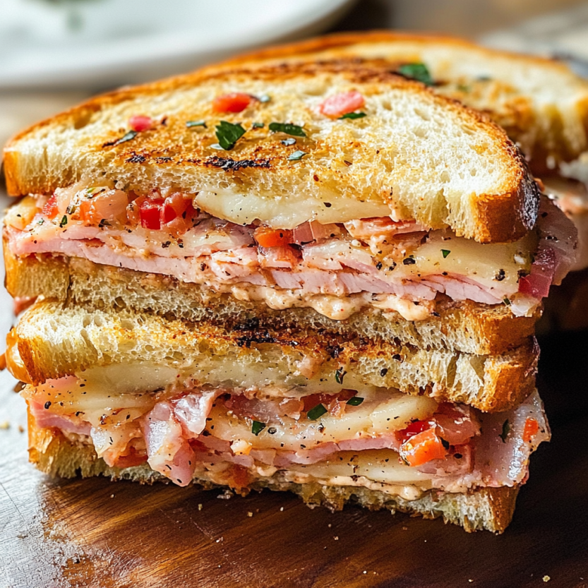 A muffuletta loaded with sauce, tomatoes, salami, cheese, and herbs.