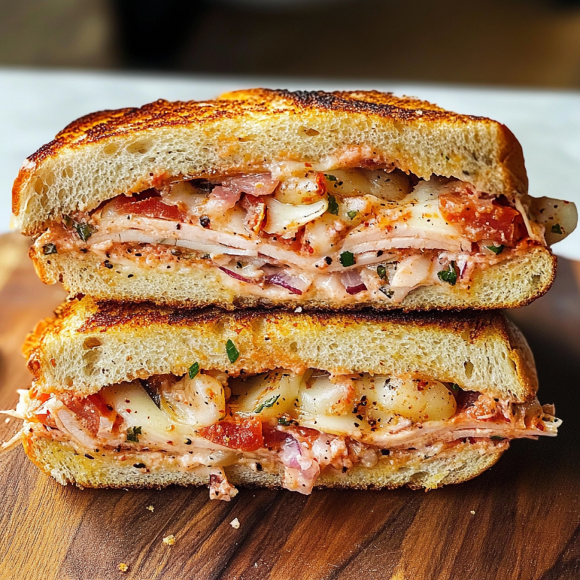 A shot of muffuletta sandwiches arranged on a wooden board.