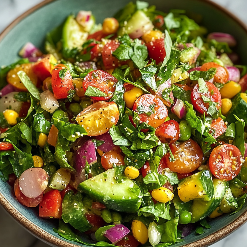 A bowl with a mix of bright veggies like tomatoes, avocado, pickles, cucumbers, peppers, and spinach.