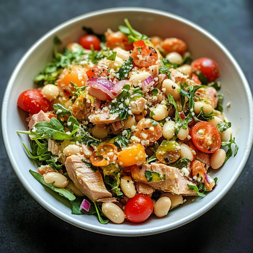 A bowl piled with tuna, white beans, and fresh greens.