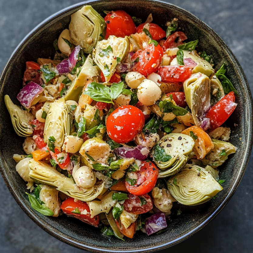 A bowl full of zucchini and tomato salad mixed with green veggies and herbs.