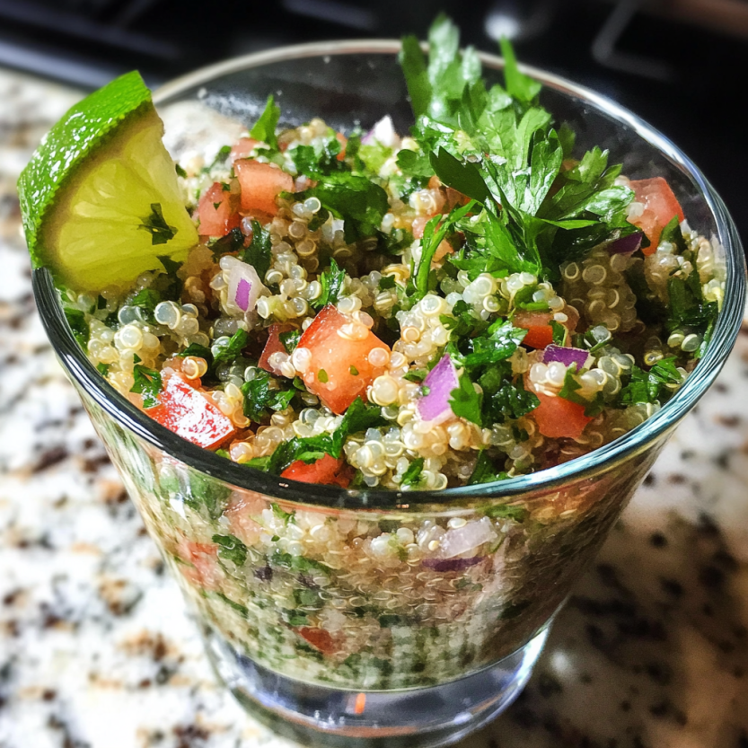 A bowl of quinoa tabbouleh with lots of veggies and greens.