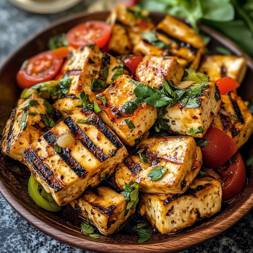 A plate of charred tofu with a bright and zesty sauce.