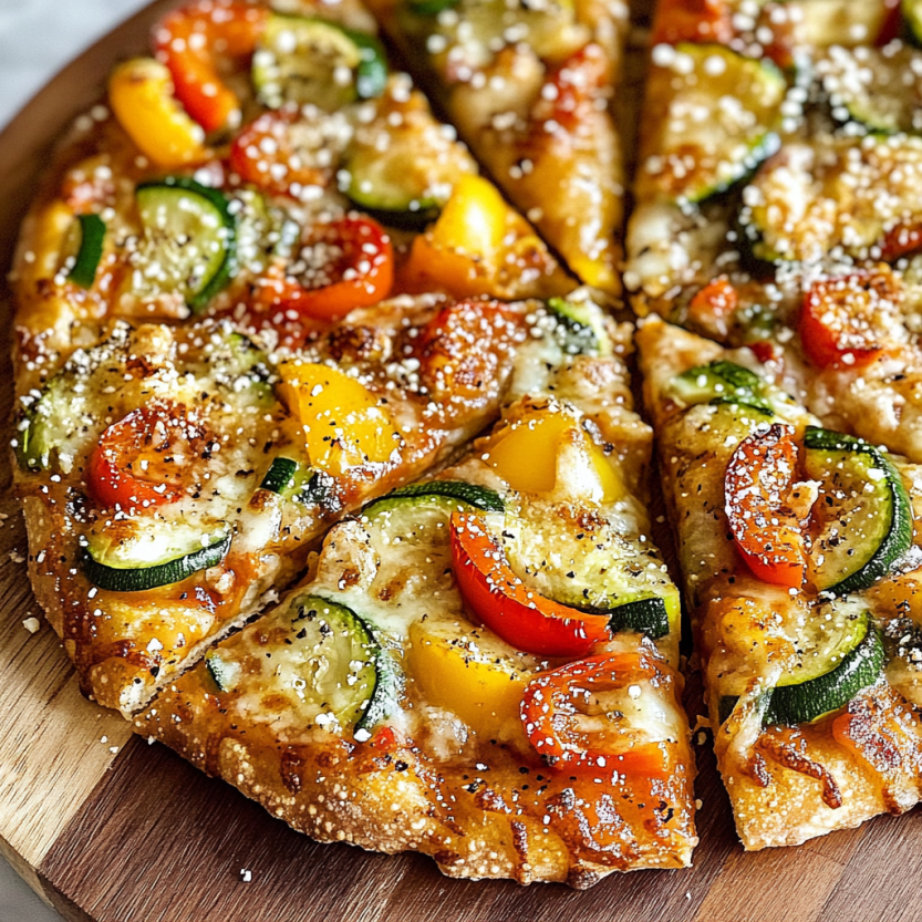 Une pizza généreusement garnie de courgettes et de poivrons, très colorée.