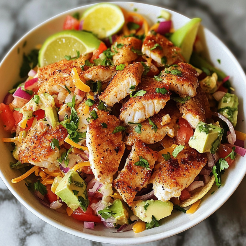 A bowl of fish with veggies and avocado chunks.