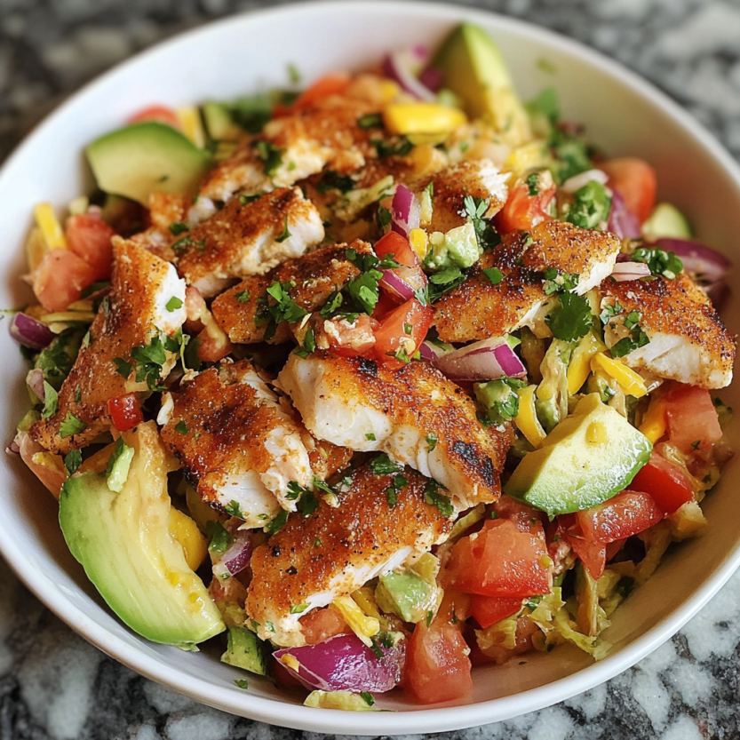 A fish salad with tomatoes, avocados, and spinach.