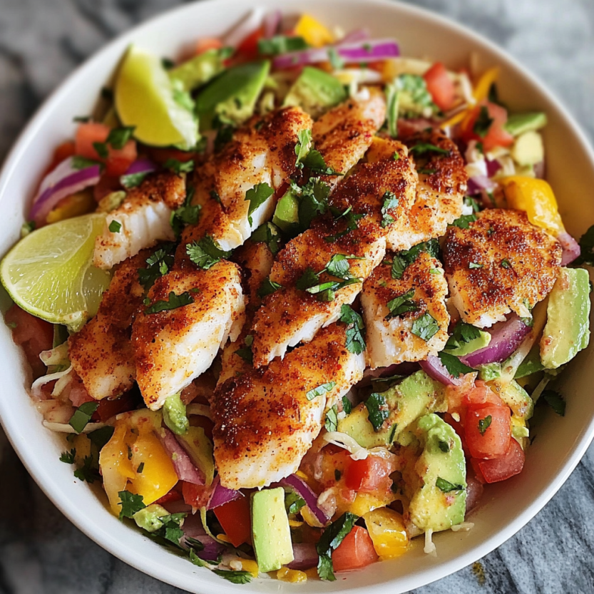 A fish salad with veggies and tomatoes.
