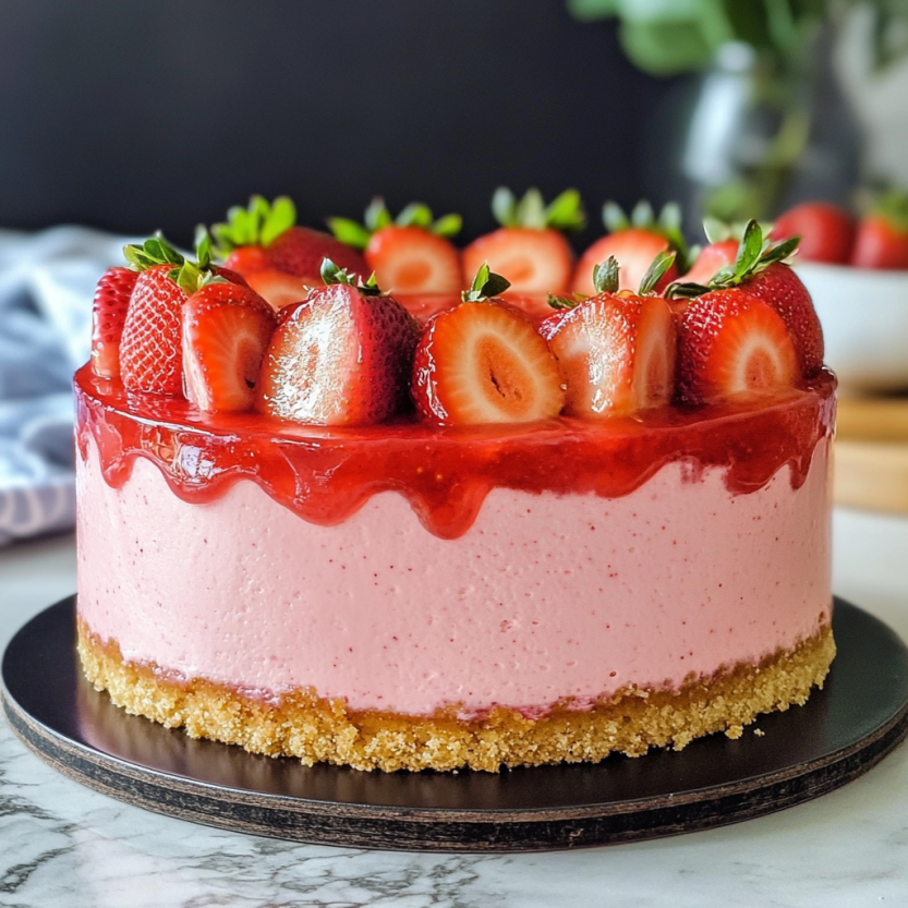 A strawberry tart shaped like a loaf cake, topped with strawberries and fresh fruit.