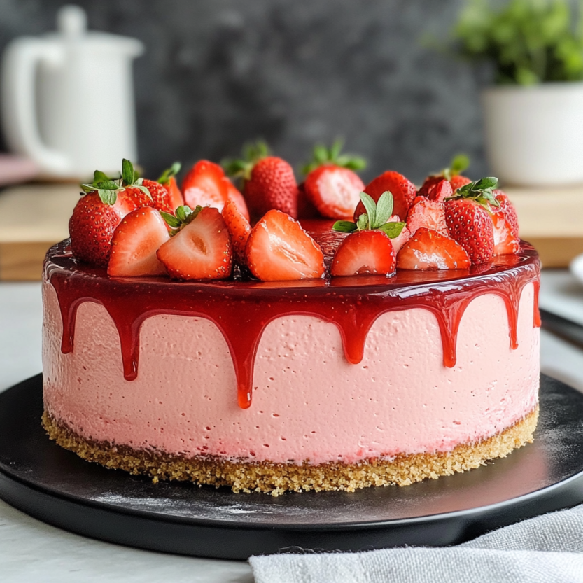 A strawberry tart on a table.