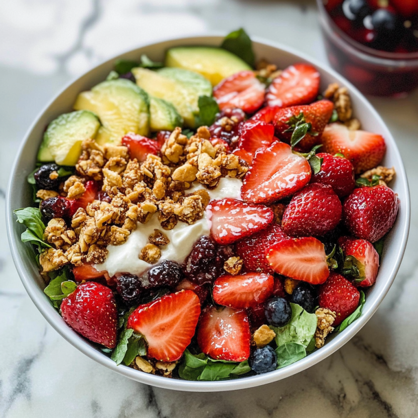 Un plat de salade rempli de fraises, d'avocats, de noix croquantes, de baies et de verdures fraîches.
