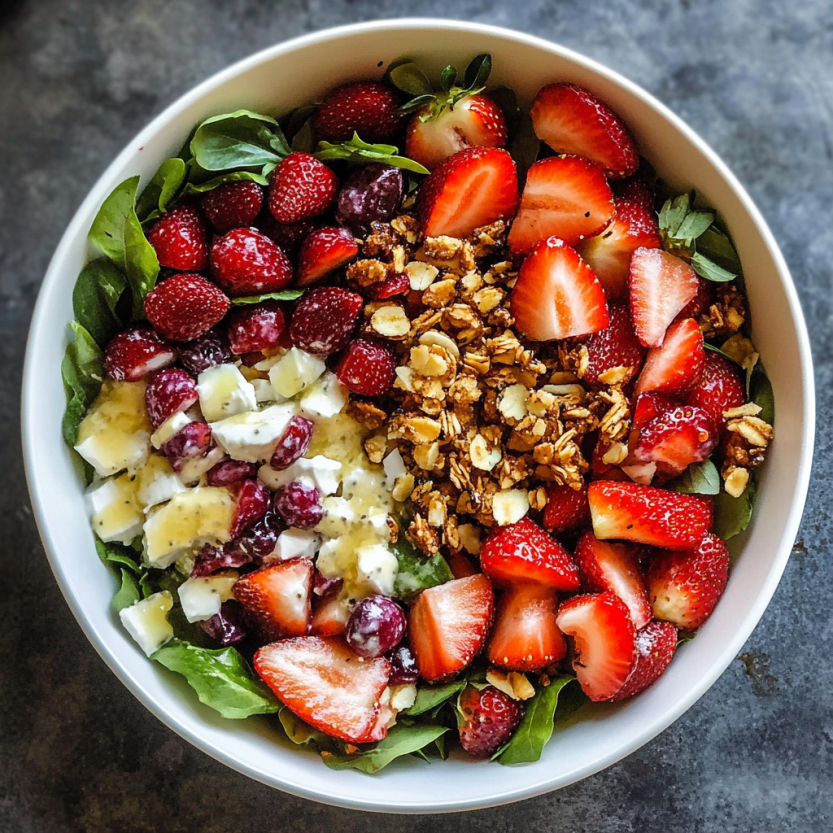 A fruit salad bowl with strawberries, berries, nuts, and lettuce served in a bowl.