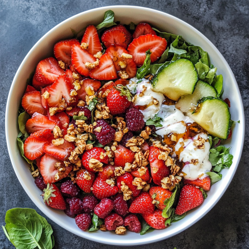 A fresh salad bowl with strawberries, cucumbers, nuts, and mixed berries.