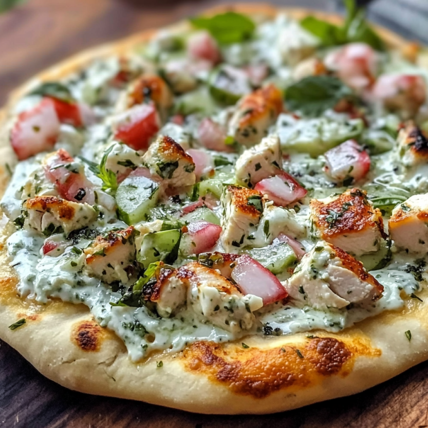 A pizza covered with veggies and chicken.