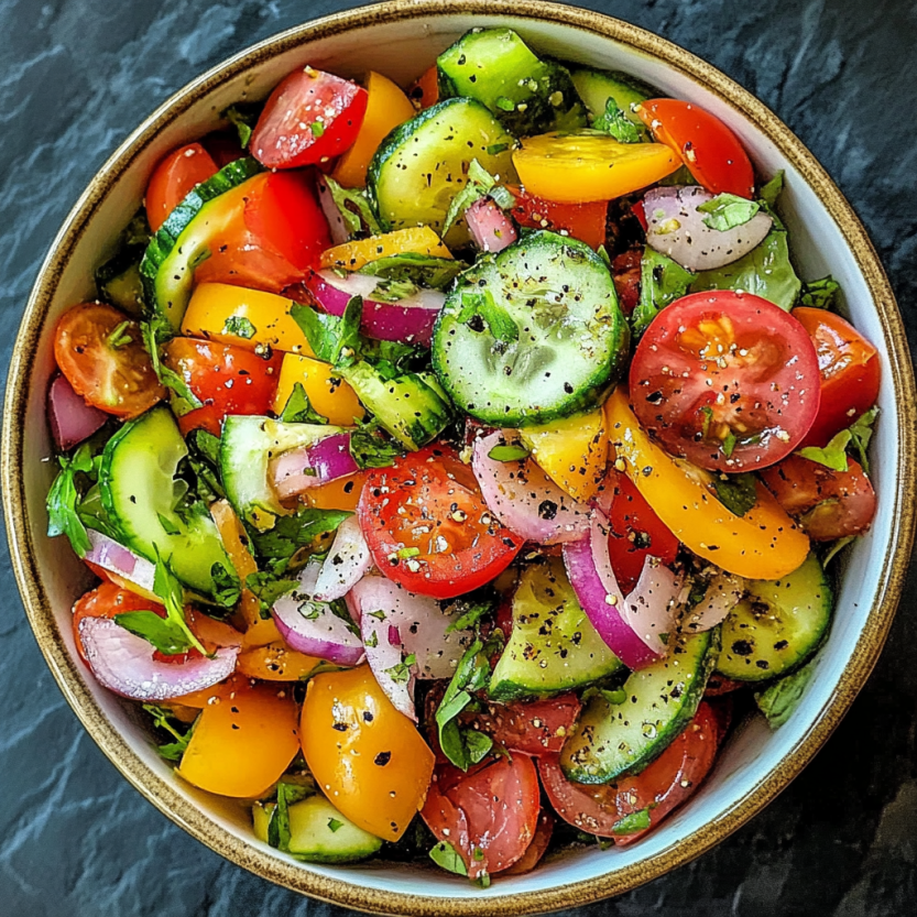 Tomato, cucumber, and pepper salad served in a bowl.
