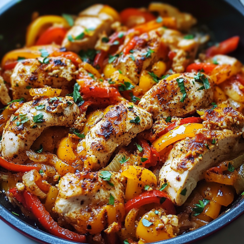 A baking dish with Cajun chicken and lots of vibrant bell peppers.